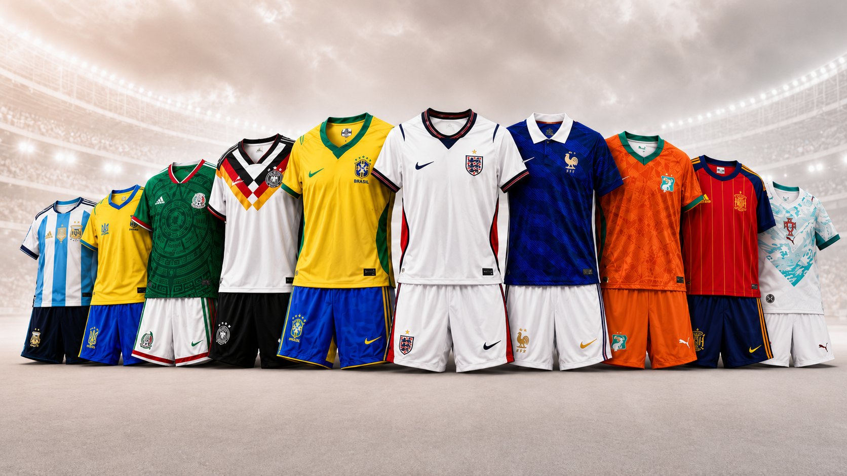 The 2026 collection of national team kits lined up in a stadium